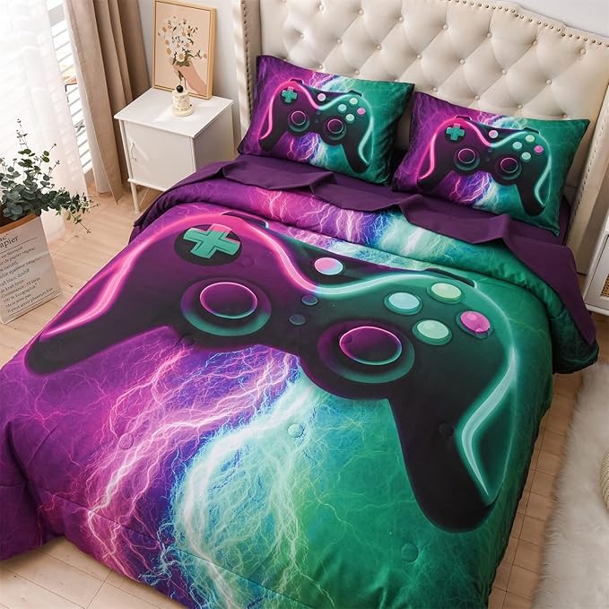 Meeting Story Gamer Gaming Bedding Sets Black Pink Lightnings Gamepad Comforter Set for Boys Games Console Action Buttons Novelty Colorful Modern Room Decor Home Quilt Set (Green-Purple, Twin 5Pcs) - LeafyLoom