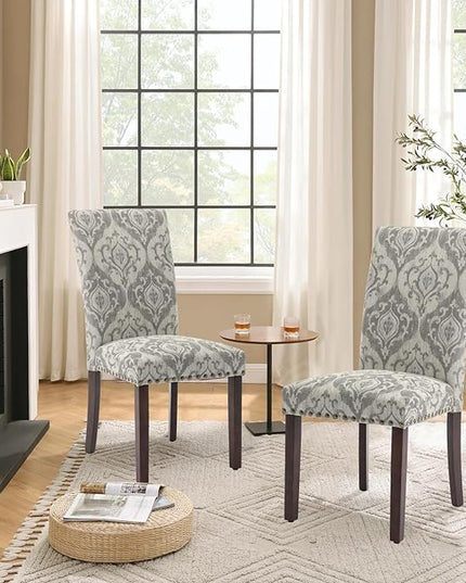 Parsons Dining Chairs Set of 4, Upholstered Nailhead Dining Room Kitchen Side Chair with Thick Cushions and Wood Legs, White/Grey - LeafyLoom
