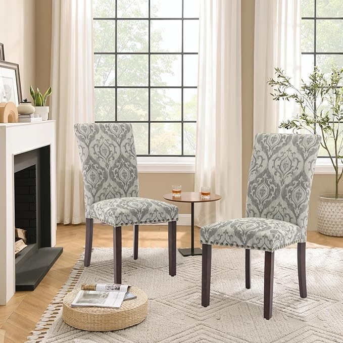 Parsons Dining Chairs Set of 4, Upholstered Nailhead Dining Room Kitchen Side Chair with Thick Cushions and Wood Legs, White/Grey - LeafyLoom