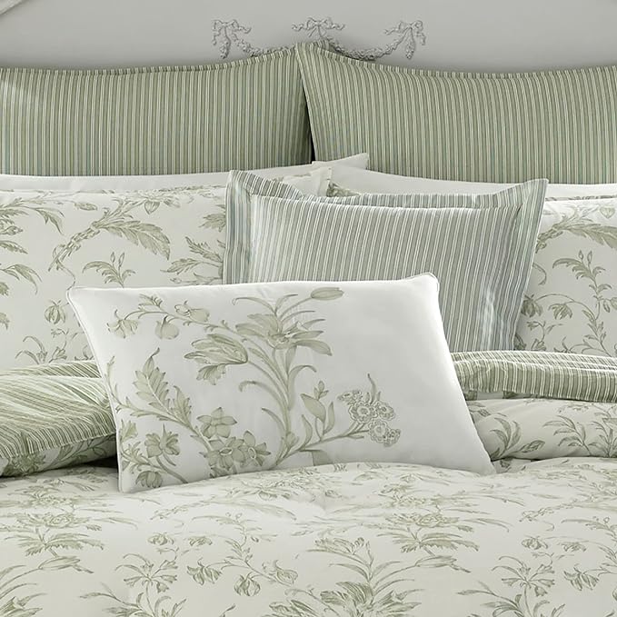 Laura Ashley - Queen Comforter Set, Reversible Cotton Bedding, Includes Matching Shams with Bonus Euro Shams & Throw Pillows (Natalie Sage/Off White, Queen) - LeafyLoom