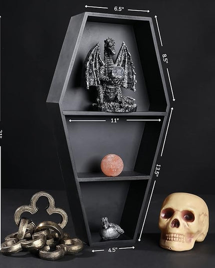 MANNY'S MYSTERIOUS ODDITIES Coffin Bookshelf - Extra Large Coffin Shelf 21 Inches by 11 Inches - Includes Removable Shelves - Gothic Decor for Home - LeafyLoom