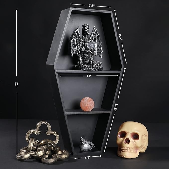 MANNY'S MYSTERIOUS ODDITIES Coffin Bookshelf - Extra Large Coffin Shelf 21 Inches by 11 Inches - Includes Removable Shelves - Gothic Decor for Home - LeafyLoom