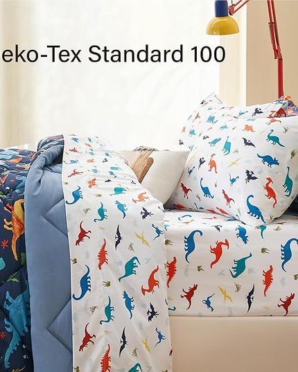 Kids Queen Dinosaur Bedding Comforter Set for Boys, 7 Pieces Queen Size Dinosaur Kids Bedding Set, Super Soft Lightweight Microfiber Comforter Set with Sheets for All Seasons - LeafyLoom