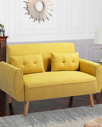Shintenchi 47" Small Modern Loveseat Couch Sofa, Fabric Upholstered 2-Seat Sofa, Love Seat Furniture with 2 Pillows, Wood Leg for Small Space, Living Room, Bedroom, Apartment, Yellow - LeafyLoom