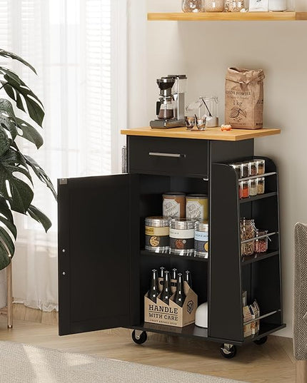 Shintenchi Small Kitchen Island on Wheels with 3-Tier Side Spice Rack and Rubber Wood Top, Trolley Cart with Storage Cabinet & Drawer and Handle/Towel Rack, Black - LeafyLoom