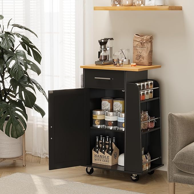 Shintenchi Small Kitchen Island on Wheels with 3-Tier Side Spice Rack and Rubber Wood Top, Trolley Cart with Storage Cabinet & Drawer and Handle/Towel Rack, Black - LeafyLoom