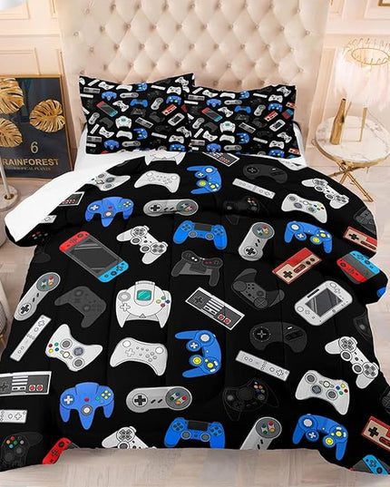 Game Bedding Set Children Boys Comforter Sets Gamepad Quilt and Pillowcase Soft Polyester Bedspread Teen Gift Blue Black White Multi Color Gamer Bed Set - LeafyLoom