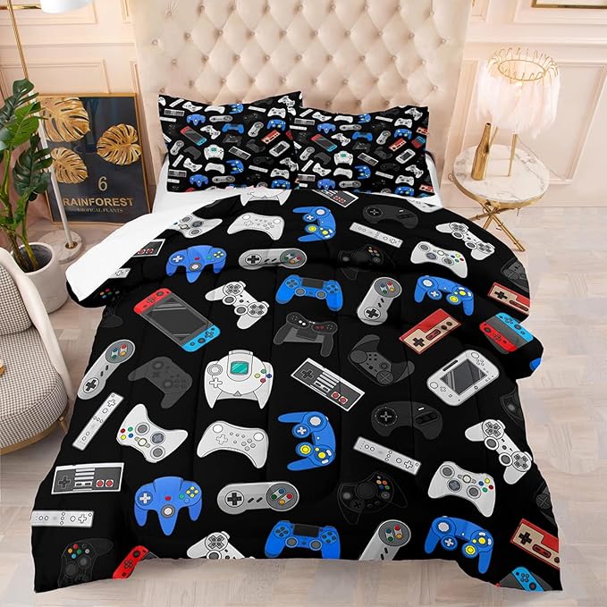 Game Bedding Set Children Boys Comforter Sets Gamepad Quilt and Pillowcase Soft Polyester Bedspread Teen Gift Blue Black White Multi Color Gamer Bed Set - LeafyLoom