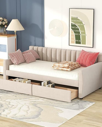 Velvet Upholstered Twin Daybed with Two Storage Drawers, Solid Wooden Sofa Bed Frame w/Vertical Stripes Designed Backrest and Pine Legs, Space-Saving Design, Beige - LeafyLoom