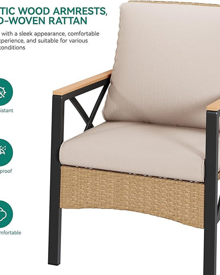 YITAHOME 4-Piece Patio Wicker Furniture Set with Wood Armrest, All Weather Rattan Conversation Furniture Sets for Backyard, Balcony, Deck w/Soft Cushions and Plastic Wood Table (Light Brown+Beige) - LeafyLoom