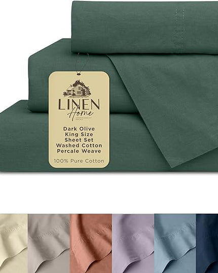 Linen Home Washed Cotton Percale King Sheet Set, Dark Olive, Deep Pocket, 4 Pieces Bed Sheets - 1 Flat Sheet, 1 Fitted Sheet & 2 Envelope Closure Pillowcases, Cool and Comfortable Bed Linen - LeafyLoom