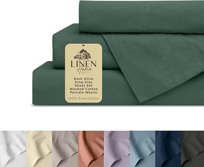 Linen Home Washed Cotton Percale King Sheet Set, Dark Olive, Deep Pocket, 4 Pieces Bed Sheets - 1 Flat Sheet, 1 Fitted Sheet & 2 Envelope Closure Pillowcases, Cool and Comfortable Bed Linen - LeafyLoom