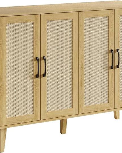 Storage Cabinet with Rattan Trim - 4 Door Sideboard Buffet Cabinet with Storage, Accent Cabinet with Shelves for Bathroom, Coffee Bar, Kitchen, Living Room, Hallway (natural wood) - LeafyLoom