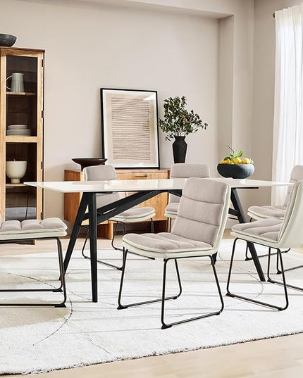 Dining Chairs Set of 2, Upholstered Dining Room Kitchen Chairs with Metal Legs, Modern Fabric PU Leather Side Chairs for Home Office, Light Brown - LeafyLoom
