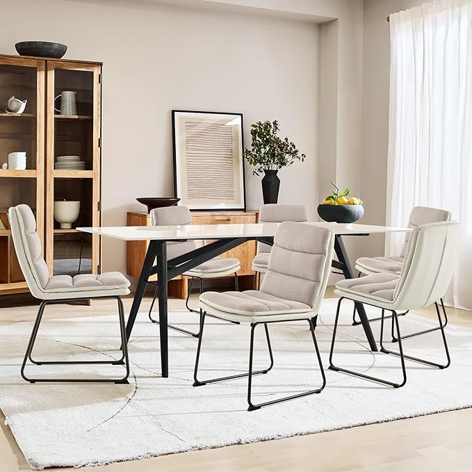 Dining Chairs Set of 2, Upholstered Dining Room Kitchen Chairs with Metal Legs, Modern Fabric PU Leather Side Chairs for Home Office, Light Brown - LeafyLoom