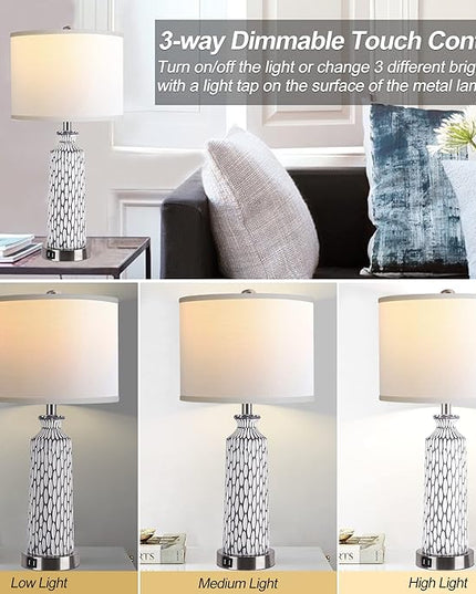 QiMH Table Lamp for Living Room,Bedside Lamps for Bedroom Set of 2 with USB Ports,3-Way Dimmable Touch Control, Modern Coastal White Grey Resin Nightstand Lamp(with 2700K LED Bulbs) - LeafyLoom