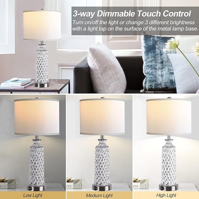 QiMH Table Lamp for Living Room,Bedside Lamps for Bedroom Set of 2 with USB Ports,3-Way Dimmable Touch Control, Modern Coastal White Grey Resin Nightstand Lamp(with 2700K LED Bulbs) - LeafyLoom