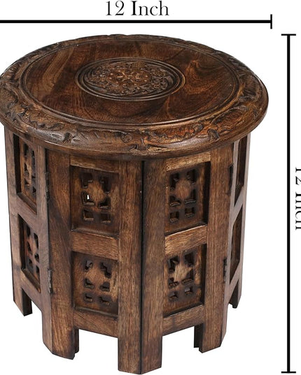 Light & Pro Burnt Round End Table, 12x12 - Octangle, 12 Inch High, Mango Wood, Bohemian Style, 10 lbs Load Capacity - LeafyLoom