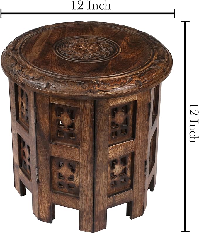 Light & Pro Burnt Round End Table, 12x12 - Octangle, 12 Inch High, Mango Wood, Bohemian Style, 10 lbs Load Capacity - LeafyLoom