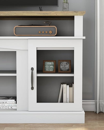 58 Inch TV Stand, Television Stands with 2 Tempered Glass Doors, Storage Cabinet and Shelves, Entertainment Center for Living Room, White+Wood - LeafyLoom