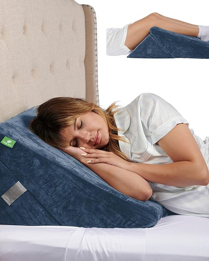 Cushy Form Wedge Pillow for Sleeping - 22 Inch Memory Foam Bed Wedge for Sleeping, Reading, Post Surgery & Leg Elevation - Triangle Pillow with Washable Cover - Blue - LeafyLoom