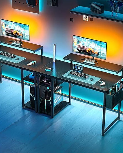 KKL 40 inch Small Computer Desk with Adjustable Monitor Stand, Home Office Desk & Workstation with Storage Shelves, Reversible Work Writing Study Table for Bedroom, Black - LeafyLoom