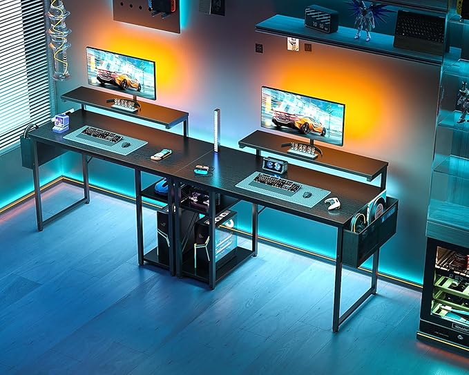 KKL 40 inch Small Computer Desk with Adjustable Monitor Stand, Home Office Desk & Workstation with Storage Shelves, Reversible Work Writing Study Table for Bedroom, Black - LeafyLoom