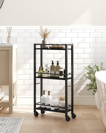 Slim Rolling Cart, Mobile Kitchen Cart on Wheels, Narrow Storage Cart for Small Space, Wooden Service Cart, for Bathroom, Laundry, Living Room, Black RCHB1501 - LeafyLoom