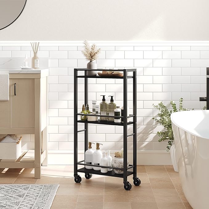 Slim Rolling Cart, Mobile Kitchen Cart on Wheels, Narrow Storage Cart for Small Space, Wooden Service Cart, for Bathroom, Laundry, Living Room, Black RCHB1501 - LeafyLoom