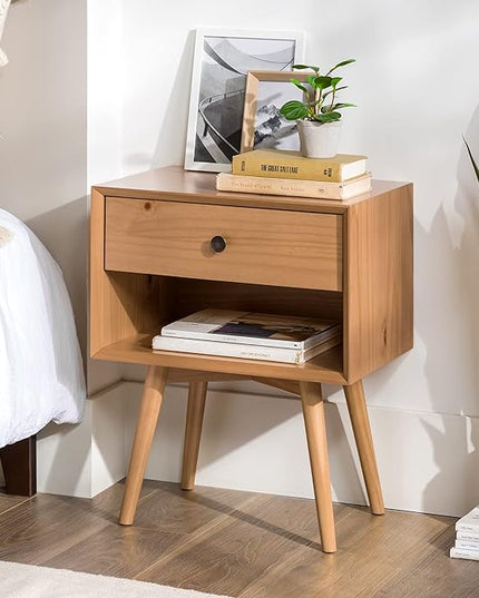 Walker Edison Mid Century Modern 1 Nightstand Bedroom Storage Drawer and Shelf Bedside End Table, 24 Inch, Natural Pine - LeafyLoom