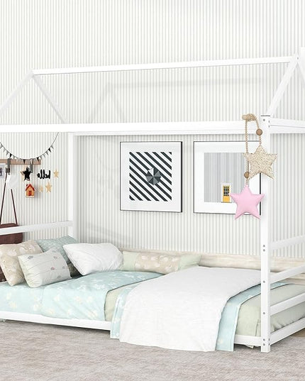 Bellemave Twin Size Montessori Floor Bed for Kids,Floor Bed with Roof, House Bed for Boys Girls,Metal House Shape Platform Bed Twin,White - LeafyLoom