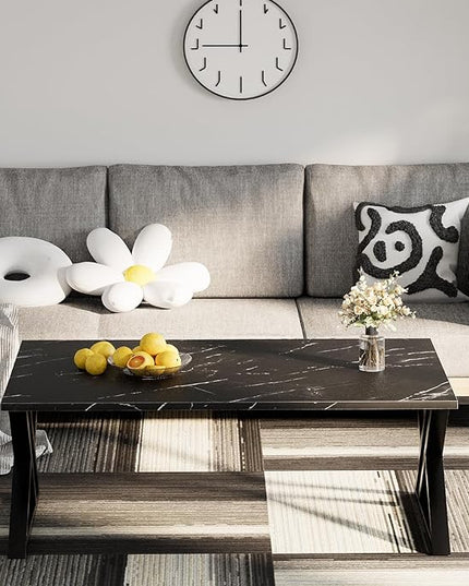Coffee Table Living Room Table Black Center Table, Simple Modern Faux Marble Rectangular Tea Table with Sturdy Black-Finished Metal Frame,Industrial Wooden Coffee Table for Bedroom Home Office - LeafyLoom