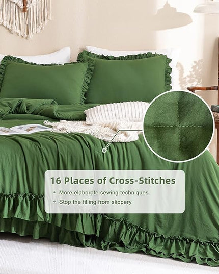 Olive Green Comforter Set Queen,Farmhouse Bedding Queen Size Comforter Set with Ruffle,Shabby Boho Chic French Country Dark Green Bedding Sets 3 Pieces - LeafyLoom