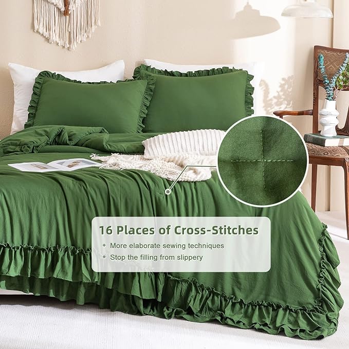 Olive Green Ruffled Comforter King Size,Farmhouse Shabby Boho Chic King Bed Comforter Vintage Rustic Bedding Ultra Soft 3PCS (1 Ruffle Comforter and 2 Pillowcases) - LeafyLoom