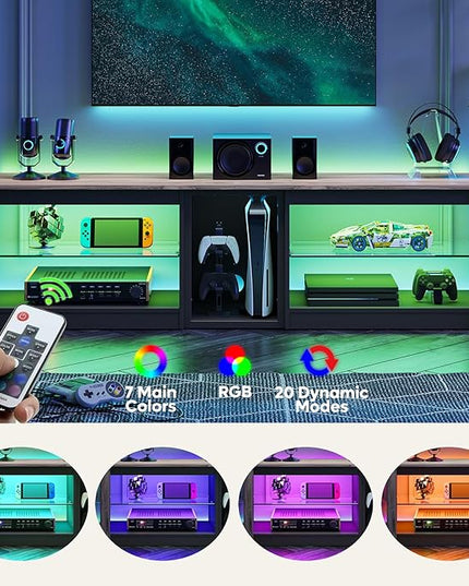 Bestier TV Stand for 70 inch TV, Gaming Entertainment Center for PS5, LED TV Cabinet with Glass Shelves for Living Room, 63'' Inch, Pinewood - LeafyLoom