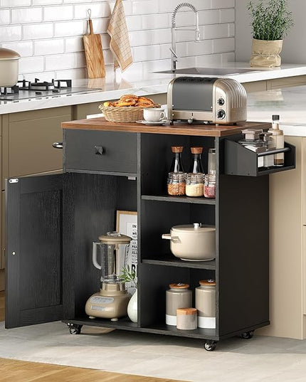 HOOBRO Kitchen Island, Storage Cabinet with Drawer, Kitchen Cart with Spice and Towel Rack, Saving Space, Easy Assembly, for Living Room, Rustic Brown and Black FB12ZD01 - LeafyLoom