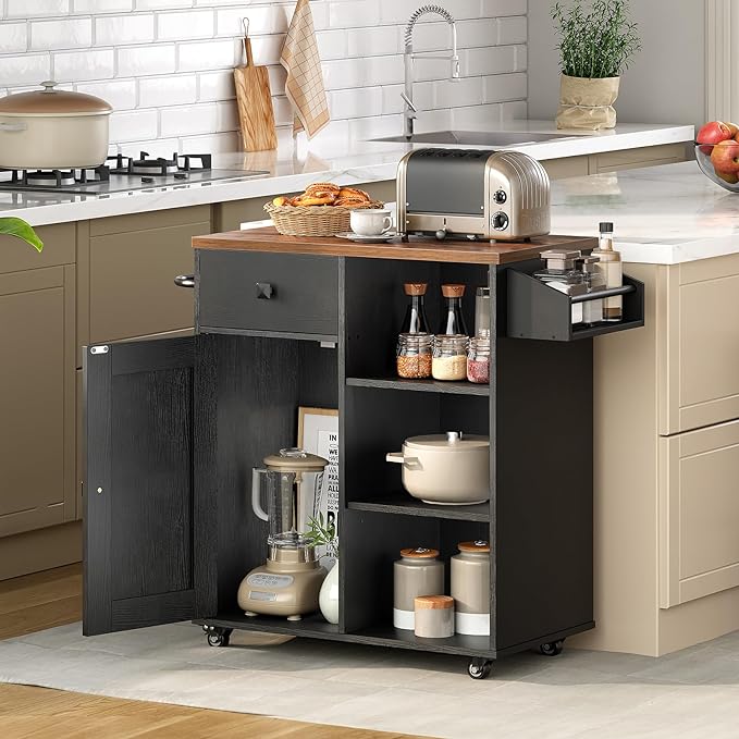 HOOBRO Kitchen Island, Storage Cabinet with Drawer, Kitchen Cart with Spice and Towel Rack, Saving Space, Easy Assembly, for Living Room, Rustic Brown and Black FB12ZD01 - LeafyLoom