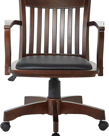 OSP Home Furnishings Deluxe Wood Banker's Desk Chair with Padded Seat, Adjustable Height and Locking Tilt, Espresso Finish and Black Vinyl - LeafyLoom
