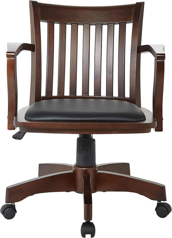 OSP Home Furnishings Deluxe Wood Banker's Desk Chair with Padded Seat, Adjustable Height and Locking Tilt, Espresso Finish and Black Vinyl - LeafyLoom