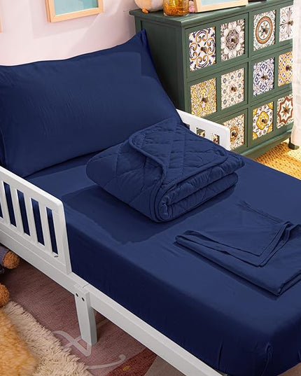 NTBAY Toddler Bedding Set - 4 Piece Soft and Breathable Crib Bedding Set for Boys and Girls, Includes Quilted Comforter, Fitted Sheet, Flat Top Sheet and Envelope Pillowcase, Navy Blue - LeafyLoom