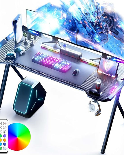 Dowinx Gaming Desk with LED Lights, RGB Gaming Computer Table with Carbon Fibre Surface, LED Home Office Desk with Remote Control, Pc Workstation with Cup Holder and Headphone Hook, 63 Inch, Black - LeafyLoom