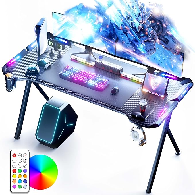 Dowinx Gaming Desk with LED Lights, RGB Gaming Computer Table with Carbon Fibre Surface, LED Home Office Desk with Remote Control, Pc Workstation with Cup Holder and Headphone Hook, 63 Inch, Black - LeafyLoom