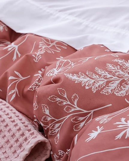 JANZAA Queen Comforter Comforters Queen Size GrayishPink Bedding Cute Floral Bed Set, Lightweight Soft Botanical Flower Comforter and 2 Pillow Cases All Season - LeafyLoom