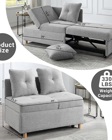 4-in-1 Convertible Sleeper Sofa, Single Pull Out Couch Chair with 6-Level Adjust Backrest Loveseat with Storage and Pillows, Modern Recliner for Living Room Apartment Office, Light Grey - LeafyLoom