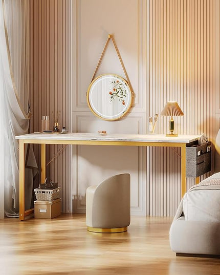 ODK Computer Desk Large Office Desk, 55 Inch Gaming Desk with Storage, Modern PC Desk Work Table with Headphone Hook for Home Office, White Marble + Gold Leg - LeafyLoom