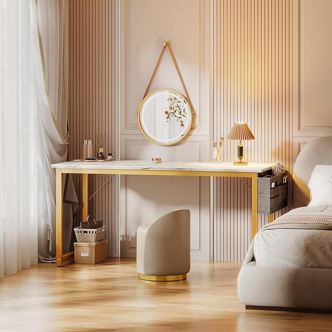 ODK Computer Desk Large Office Desk, 55 Inch Gaming Desk with Storage, Modern PC Desk Work Table with Headphone Hook for Home Office, White Marble + Gold Leg - LeafyLoom