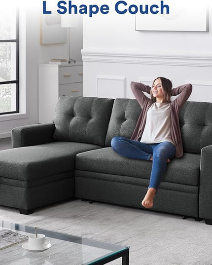 4-in-1 Convertible L Shaped Couch with Pull Out Bed and Storage Sectional Sleeper Sofa with Reversible Chaise for Living Room, Apartment, Bedroom, Office, Charcoal Grey - LeafyLoom
