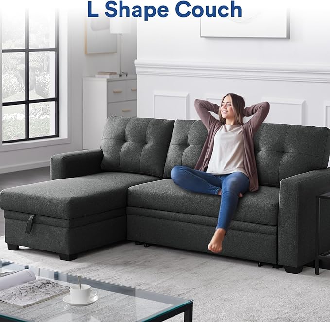 4-in-1 Convertible L Shaped Couch with Pull Out Bed and Storage Sectional Sleeper Sofa with Reversible Chaise for Living Room, Apartment, Bedroom, Office, Charcoal Grey - LeafyLoom