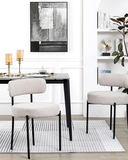 DYHOME Light Grey Dining Chairs Set of 2, Modern Dining Room Chairs Mid-Century, Round Upholstered Kitchen Chairs, Boucle Sherpa Dining Chair with Black Metal Legs - LeafyLoom