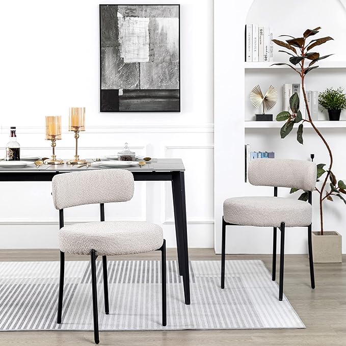 DYHOME Light Grey Dining Chairs Set of 2, Modern Dining Room Chairs Mid-Century, Round Upholstered Kitchen Chairs, Boucle Sherpa Dining Chair with Black Metal Legs - LeafyLoom